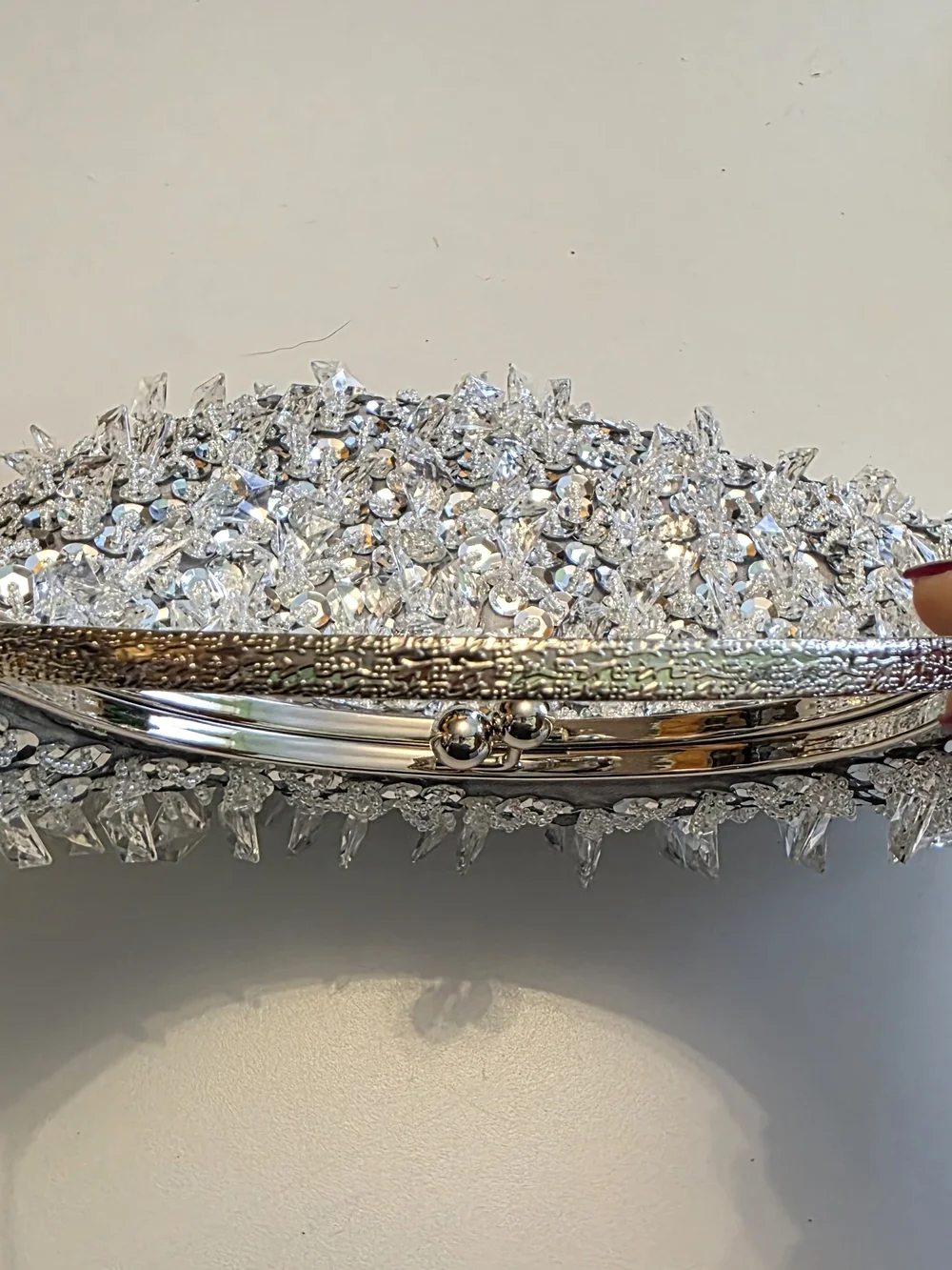 Silver Sequin Evening Clutch Bag with Metal Handle